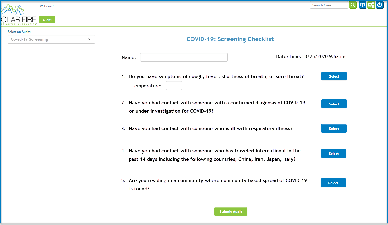 COVID-19 screening checklist.